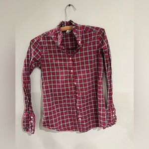 Red and white plaid button-down shirt with ruffled cuffs and collar